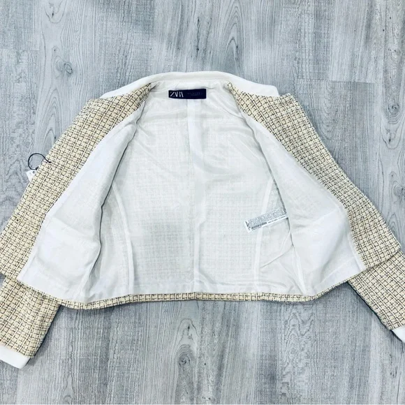 NWT Zara Textured Cropped Tweed Gold Blazer Jacket Small - Picture 6 of 10